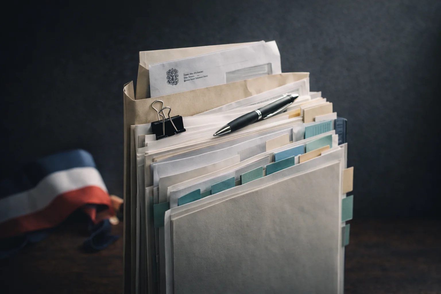 Documents administratifs et enveloppe officielle.