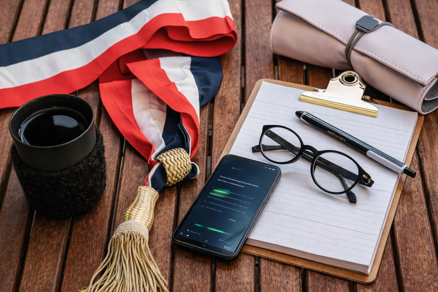 Écharpe tricolore, carnet, lunettes et smartphone posés sur une table de travail.